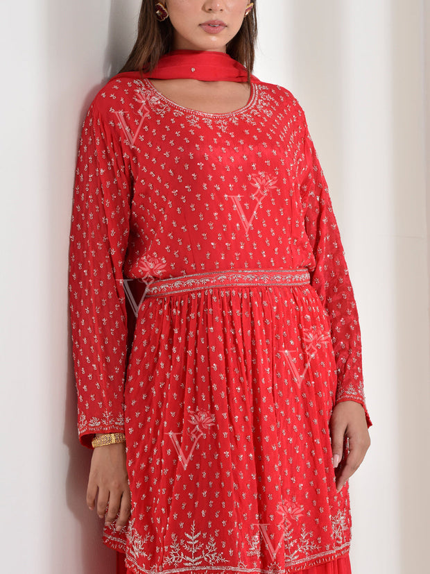 Red Crepe Embroidered Kurta and Palazzo Set