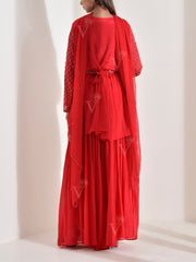 Red Crepe Embroidered Kurta and Palazzo Set