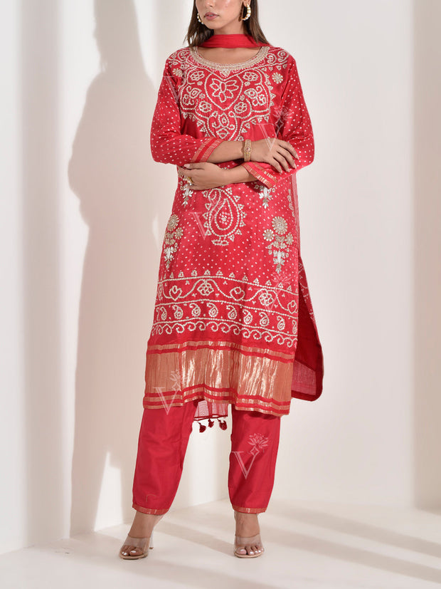 Red Satin Embroidered Suit Set