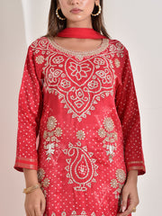 Red Satin Embroidered Suit Set