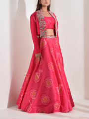 Pink Silk Top with Embroidered Jacket and Skirt set