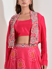 Pink Silk Top with Embroidered Jacket and Skirt set