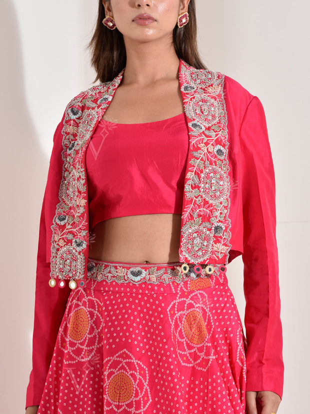 Pink Silk Top with Embroidered Jacket and Skirt set