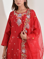 Red Chanderi Embroidered Suit Set