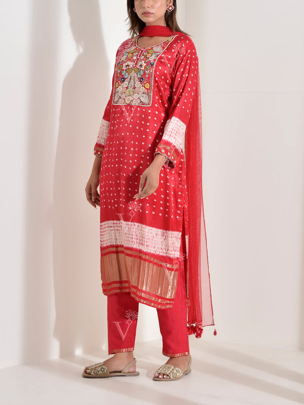 Red Embroidered Satin Bandhani Suit Set