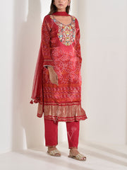 Red Embroidered Satin Bandhani Suit Set