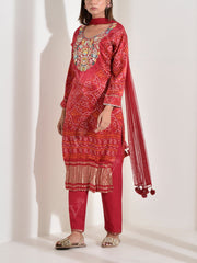 Red Embroidered Satin Bandhani Suit Set