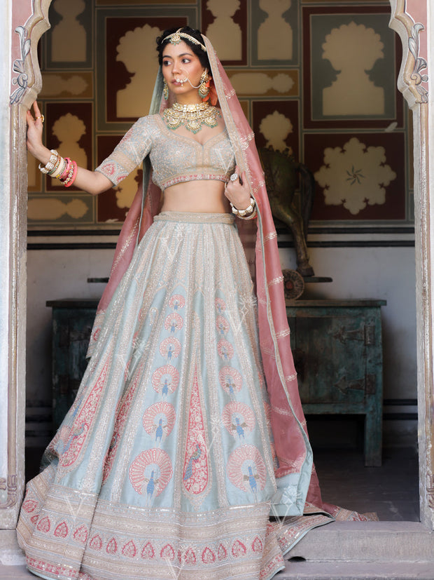 Baby Blue and Pink Raw Silk Lehenga Set