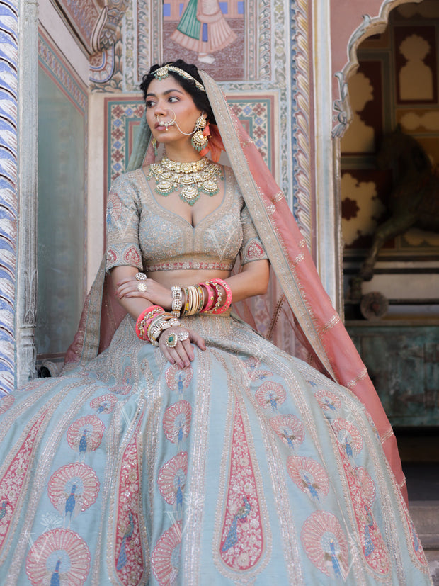 Baby Blue and Pink Raw Silk Lehenga Set