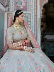 Baby Blue and Pink Raw Silk Lehenga Set