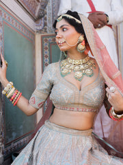 Baby Blue and Pink Raw Silk Lehenga Set