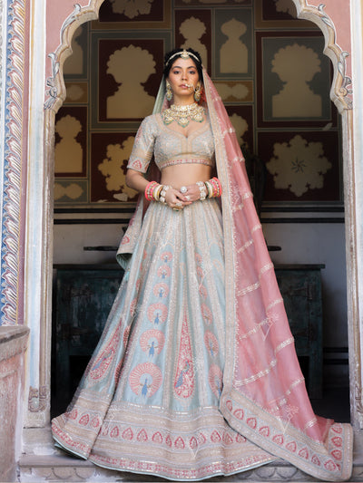 Baby Blue and Pink Raw Silk Lehenga Set