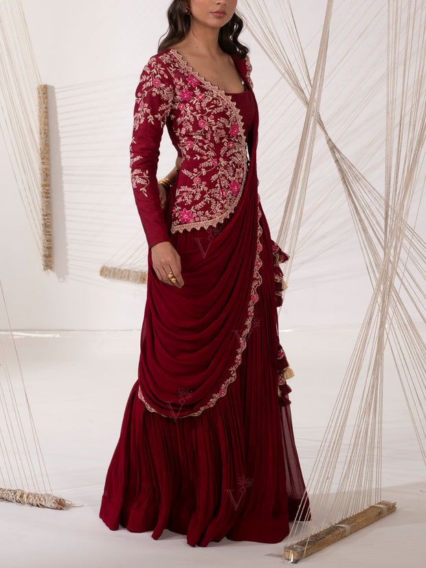 Maroon Pre Draped Saree