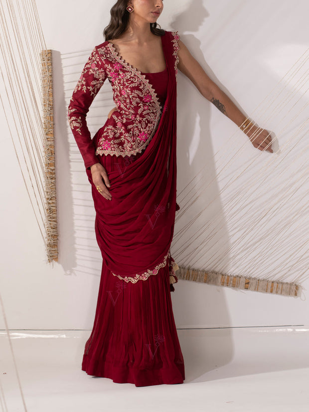 Maroon Pre Draped Saree