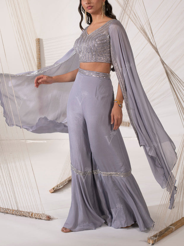 Lavender Grey Sharara Crop Top Set