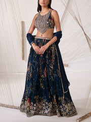 Persian Blue Floral Print Silk Lehenga Set