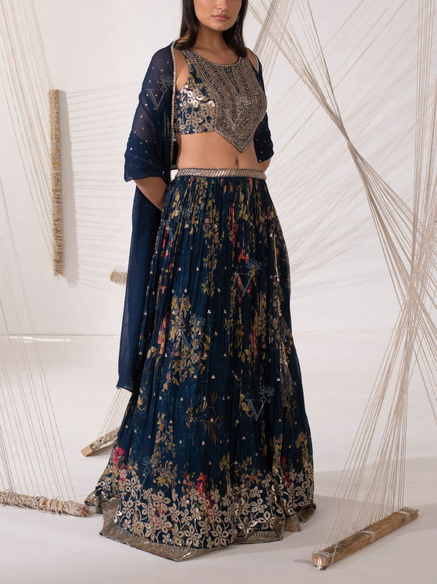 Persian Blue Floral Print Silk Lehenga Set