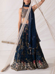 Persian Blue Floral Print Silk Lehenga Set