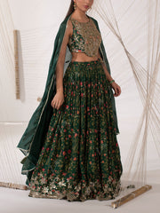 Pine Green Floral Print Silk Lehenga Set