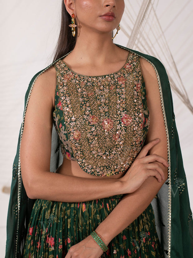 Pine Green Floral Print Silk Lehenga Set