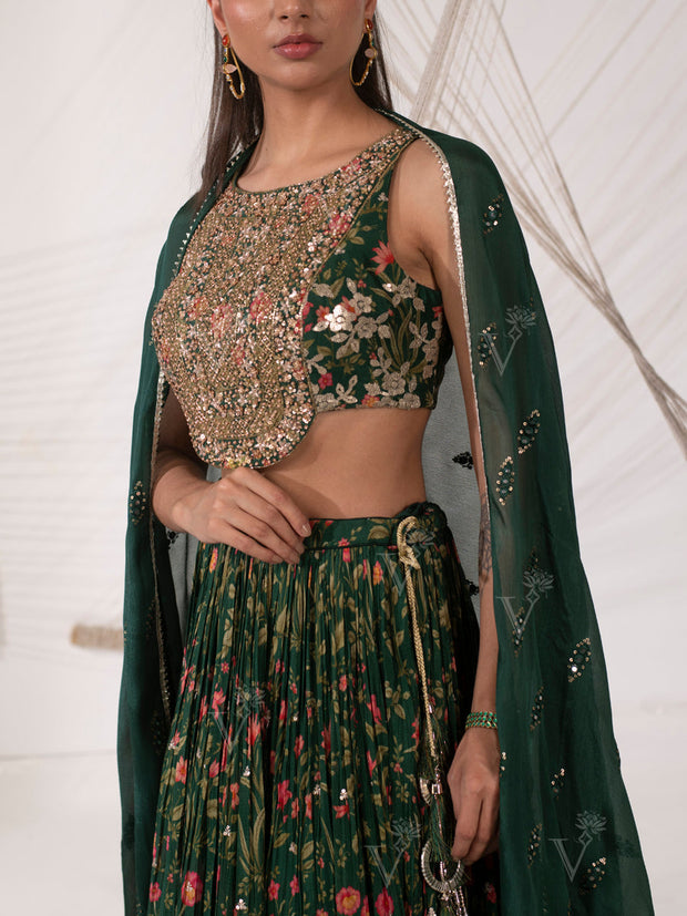 Pine Green Floral Print Silk Lehenga Set