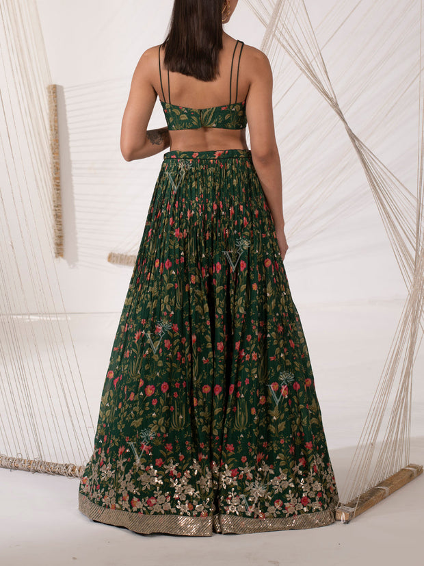 Pine Green Floral Print Silk Lehenga Set