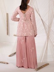 Peach Chikankari Peplum Sharara Set