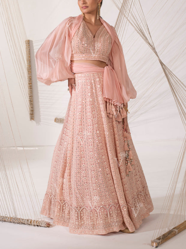 Peach Chikankari Georgette Lehenga Set