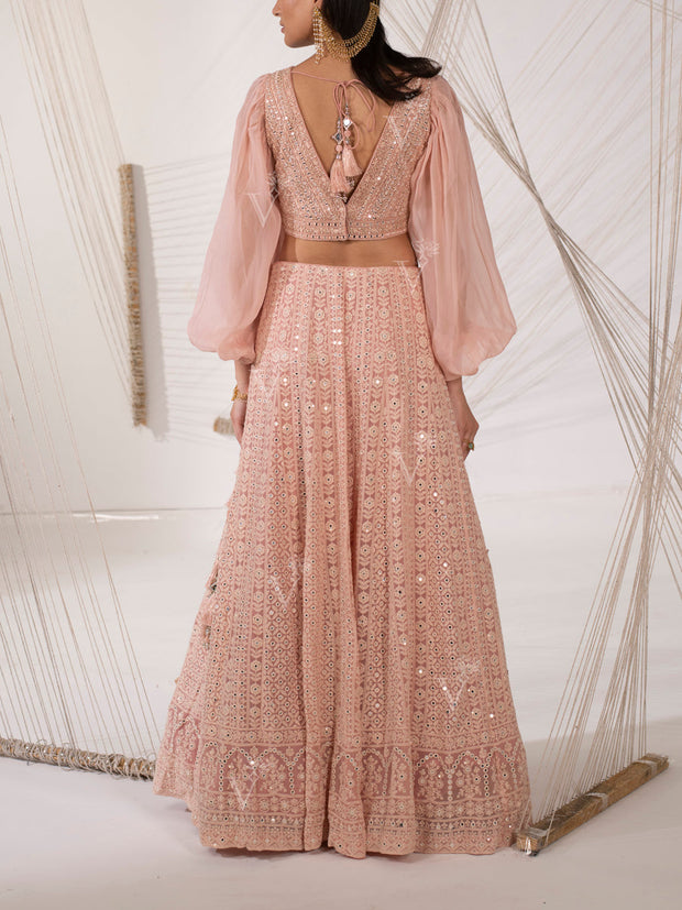 Peach Chikankari Georgette Lehenga Set