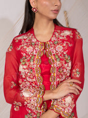 Red Crepe Embroidered Jacket Set