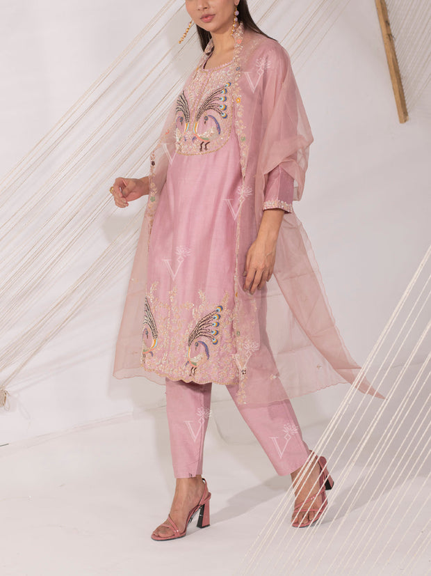 Rose Pink Chanderi Silk Pant Set