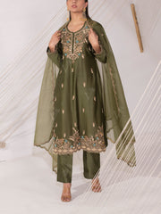 Olive Green Chanderi Silk Pant Set