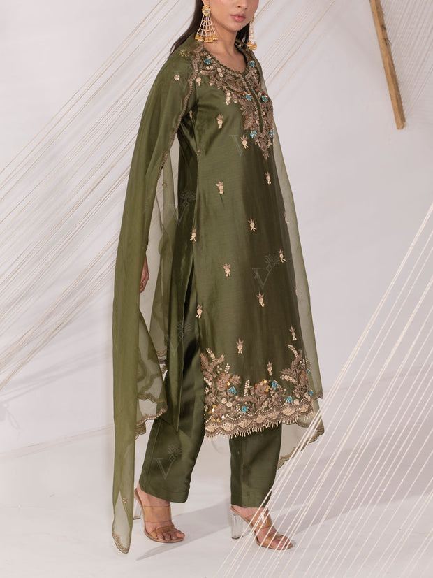 Olive Green Chanderi Silk Pant Set