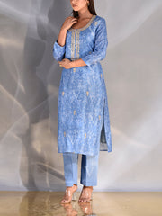 Turquoise Blue Vasansi Silk Printed Kurta