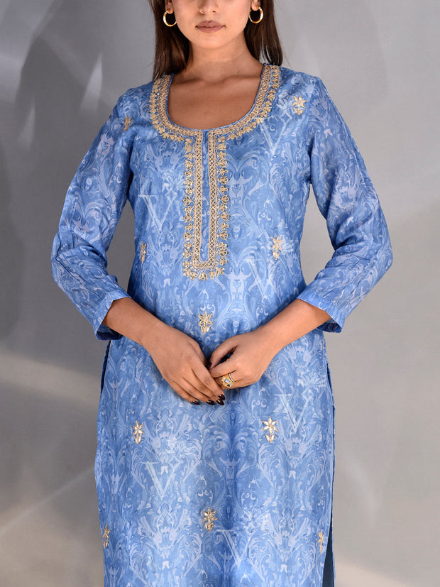 Turquoise Blue Vasansi Silk Printed Kurta