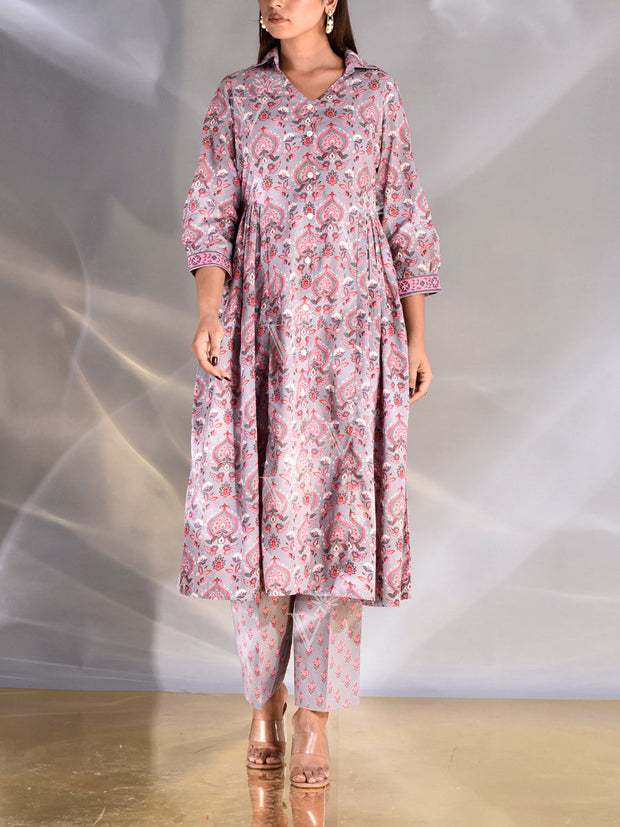 Grey Cotton Printed Kurta and Pant Set