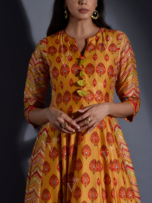 Mustard Yellow Vasansi Silk Leheriya Anarkali Gown