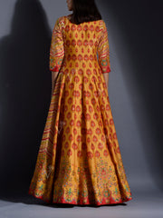 Mustard Yellow Vasansi Silk Leheriya Anarkali Gown