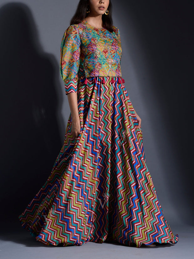 Multicolor Vasansi Silk Leheriya Anarkali Gown