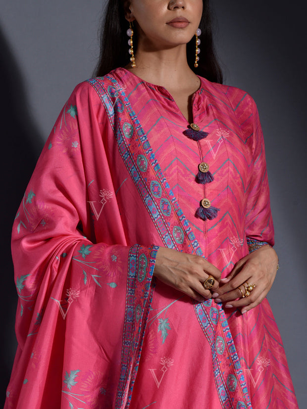 Pink Vasansi Silk Leheriya Anarkali Gown