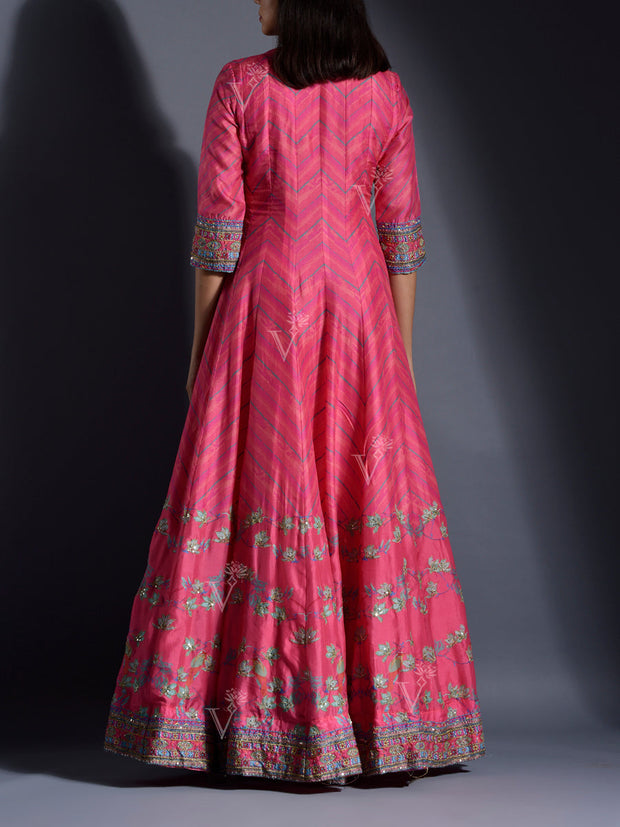 Pink Vasansi Silk Leheriya Anarkali Gown