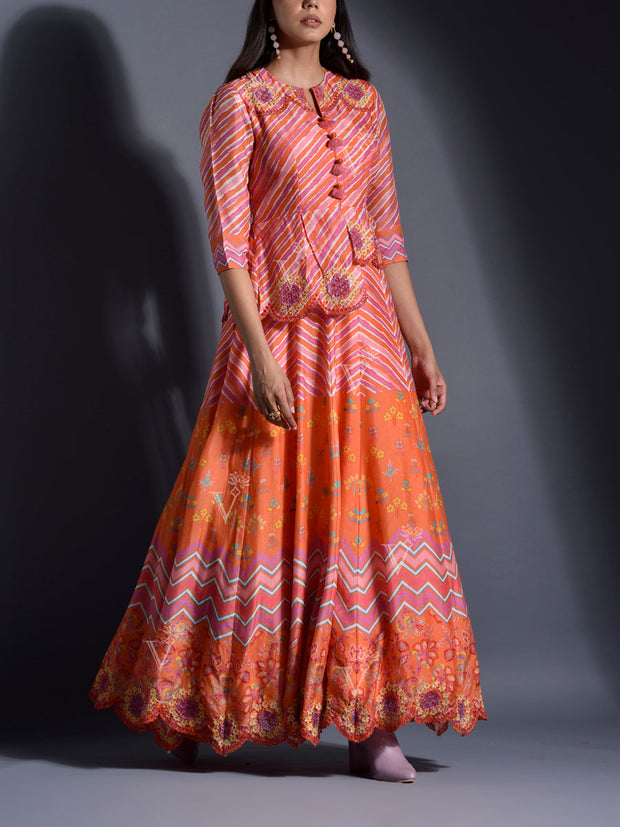 Orange Vasansi Silk Leheriya Anarkali Gown