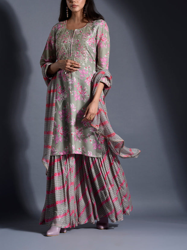 Grey Vasansi Silk Leheriya Sharara Set