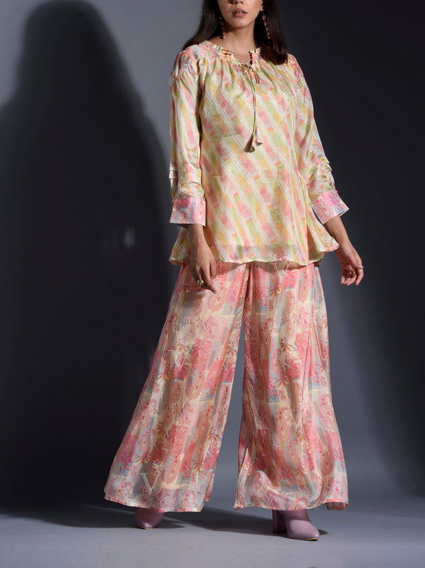 Peach Vasansi Silk Leheriya Printed Palazzo and Top Set