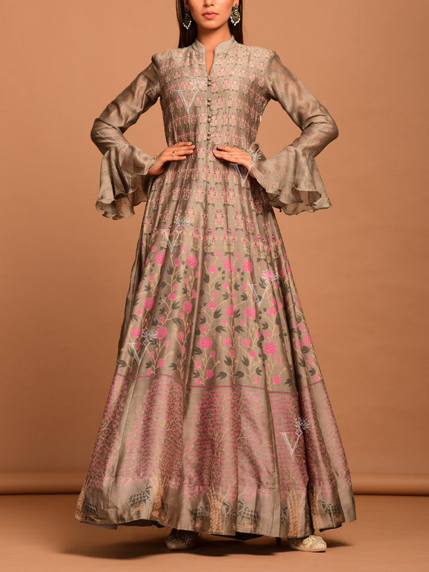 Steel Grey Vasansi Silk Handcrafted Anarkali Gown