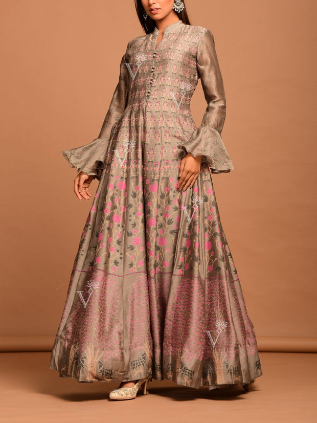 Steel Grey Vasansi Silk Handcrafted Anarkali Gown