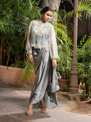 Grey Crop Top with Jacket and Drape Skirt Set