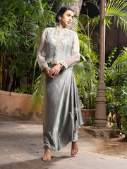 Grey Crop Top with Jacket and Drape Skirt Set