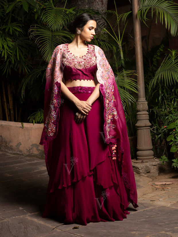 Maroon Embroidered Top and Cape with tiered Skirt Set