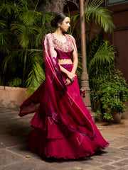 Maroon Embroidered Top and Cape with tiered Skirt Set